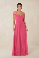 A-Line Off-the-Shoulder Chiffon Bridesmaid Dress in Fuchsia - KissProm BRIDESMAID DRESSES