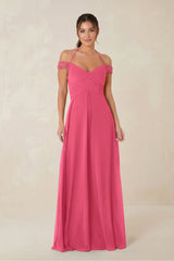 A-Line Off-the-Shoulder Chiffon Bridesmaid Dress in Fuchsia - KissProm BRIDESMAID DRESSES