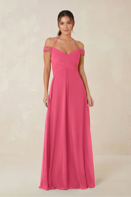 A-Line Off-the-Shoulder Chiffon Bridesmaid Dress in Fuchsia - KissProm BRIDESMAID DRESSES