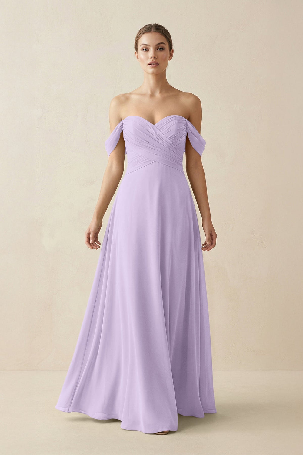 A-Line Off-the-Shoulder Chiffon Bridesmaid Dress in Lavender - KissProm BRIDESMAID DRESSES