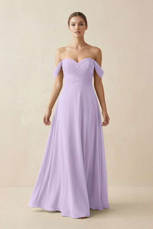 A-Line Off-the-Shoulder Chiffon Bridesmaid Dress in Lavender - KissProm BRIDESMAID DRESSES