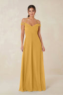 A-Line Off-the-Shoulder Chiffon Bridesmaid Dress in Marigold - KissProm BRIDESMAID DRESSES