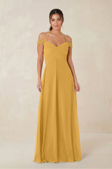A-Line Off-the-Shoulder Chiffon Bridesmaid Dress in Marigold - KissProm BRIDESMAID DRESSES