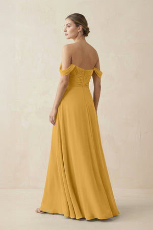 A-Line Off-the-Shoulder Chiffon Bridesmaid Dress in Marigold - KissProm BRIDESMAID DRESSES