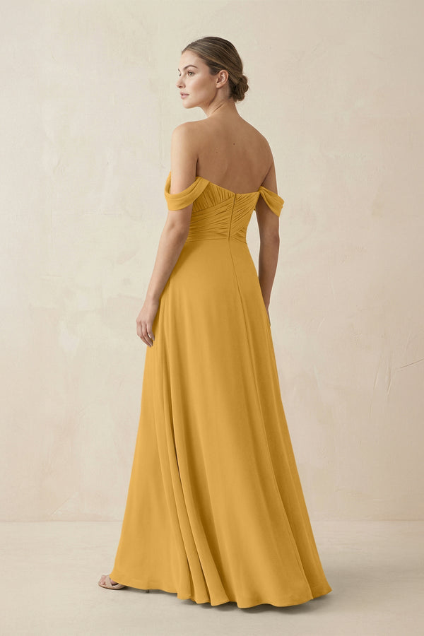 A-Line Off-the-Shoulder Chiffon Bridesmaid Dress in Marigold - KissProm BRIDESMAID DRESSES