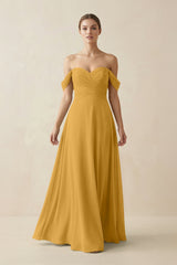A-Line Off-the-Shoulder Chiffon Bridesmaid Dress in Marigold - KissProm BRIDESMAID DRESSES