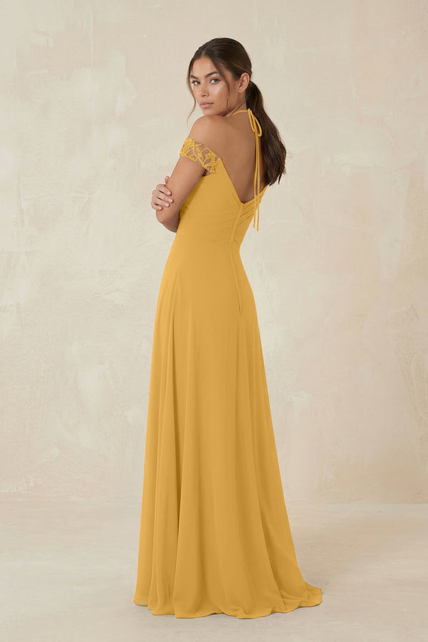 A-Line Off-the-Shoulder Chiffon Bridesmaid Dress in Marigold - KissProm BRIDESMAID DRESSES