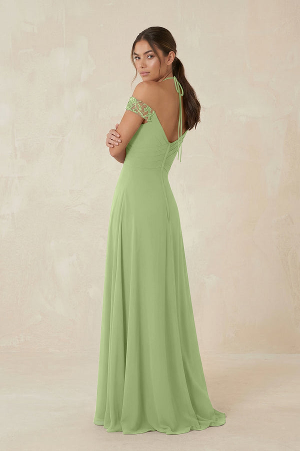 A-Line Off-the-Shoulder Chiffon Bridesmaid Dress in Matcha - KissProm BRIDESMAID DRESSES