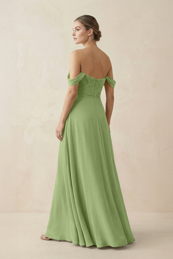 A-Line Off-the-Shoulder Chiffon Bridesmaid Dress in Matcha - KissProm BRIDESMAID DRESSES