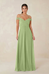 A-Line Off-the-Shoulder Chiffon Bridesmaid Dress in Matcha - KissProm BRIDESMAID DRESSES