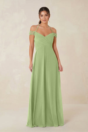 A-Line Off-the-Shoulder Chiffon Bridesmaid Dress in Matcha - KissProm BRIDESMAID DRESSES