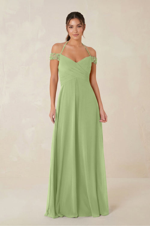 A-Line Off-the-Shoulder Chiffon Bridesmaid Dress in Matcha - KissProm BRIDESMAID DRESSES