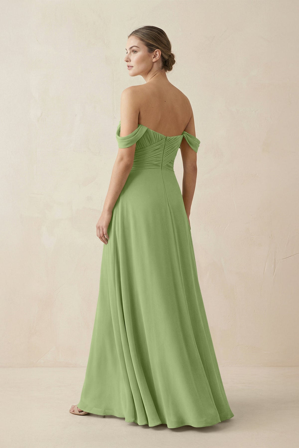 A-Line Off-the-Shoulder Chiffon Bridesmaid Dress in Matcha - KissProm BRIDESMAID DRESSES