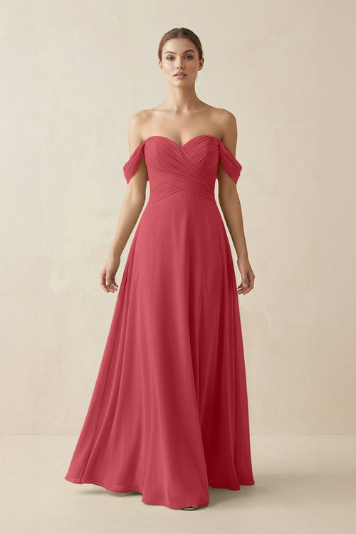 A-Line Off-the-Shoulder Chiffon Bridesmaid Dress in Merlot - KissProm BRIDESMAID DRESSES
