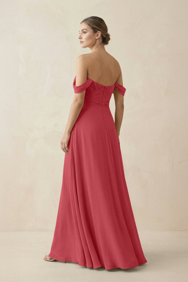 A-Line Off-the-Shoulder Chiffon Bridesmaid Dress in Merlot - KissProm BRIDESMAID DRESSES