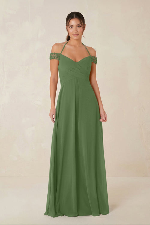 A-Line Off-the-Shoulder Chiffon Bridesmaid Dress in Moss - KissProm BRIDESMAID DRESSES