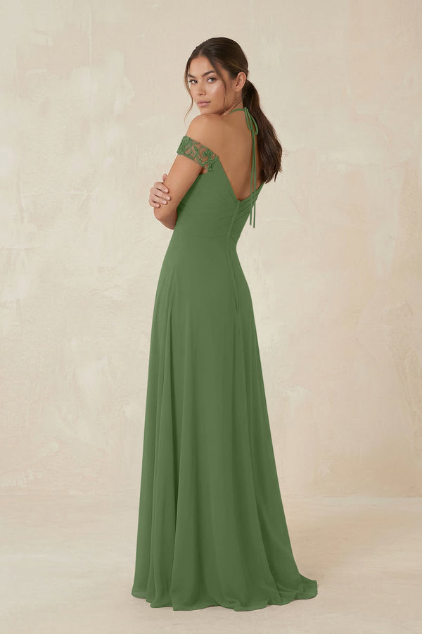 A-Line Off-the-Shoulder Chiffon Bridesmaid Dress in Moss - KissProm BRIDESMAID DRESSES