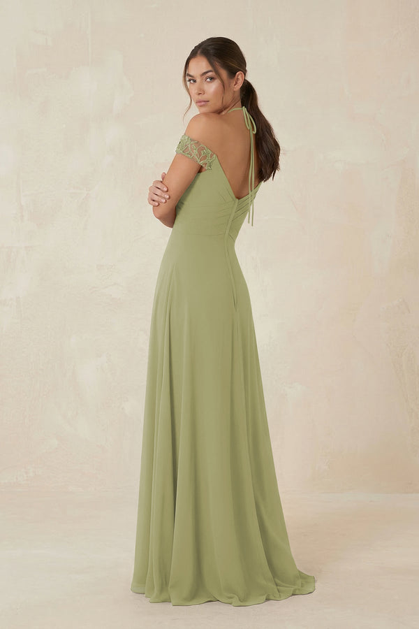 A-Line Off-the-Shoulder Chiffon Bridesmaid Dress in Moss Green - KissProm BRIDESMAID DRESSES