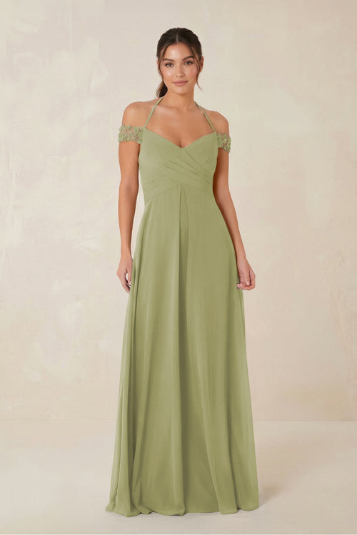 A-Line Off-the-Shoulder Chiffon Bridesmaid Dress in Moss Green - KissProm BRIDESMAID DRESSES