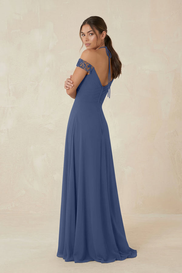 A-Line Off-the-Shoulder Chiffon Bridesmaid Dress in Navy - KissProm BRIDESMAID DRESSES