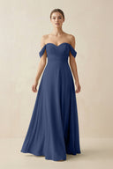 A-Line Off-the-Shoulder Chiffon Bridesmaid Dress in Navy - KissProm BRIDESMAID DRESSES