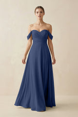 A-Line Off-the-Shoulder Chiffon Bridesmaid Dress in Navy - KissProm BRIDESMAID DRESSES