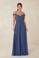 A-Line Off-the-Shoulder Chiffon Bridesmaid Dress in Navy - KissProm BRIDESMAID DRESSES