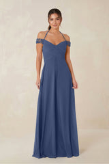 A-Line Off-the-Shoulder Chiffon Bridesmaid Dress in Navy - KissProm BRIDESMAID DRESSES