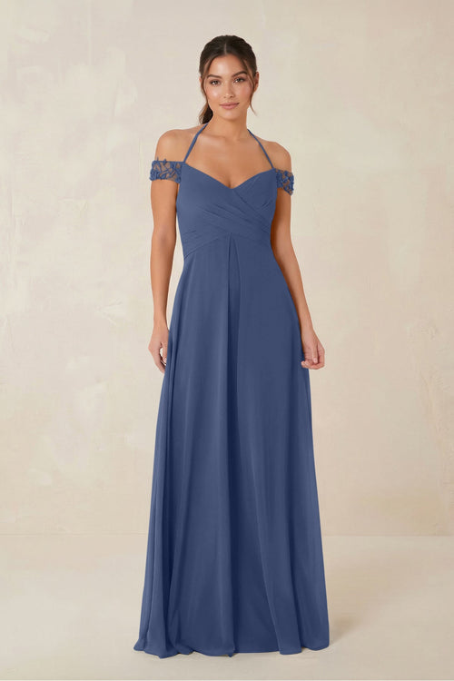 A-Line Off-the-Shoulder Chiffon Bridesmaid Dress in Navy - KissProm BRIDESMAID DRESSES