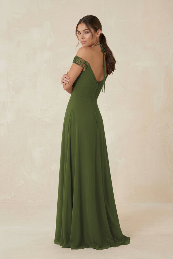 A-Line Off-the-Shoulder Chiffon Bridesmaid Dress in Olive - KissProm BRIDESMAID DRESSES