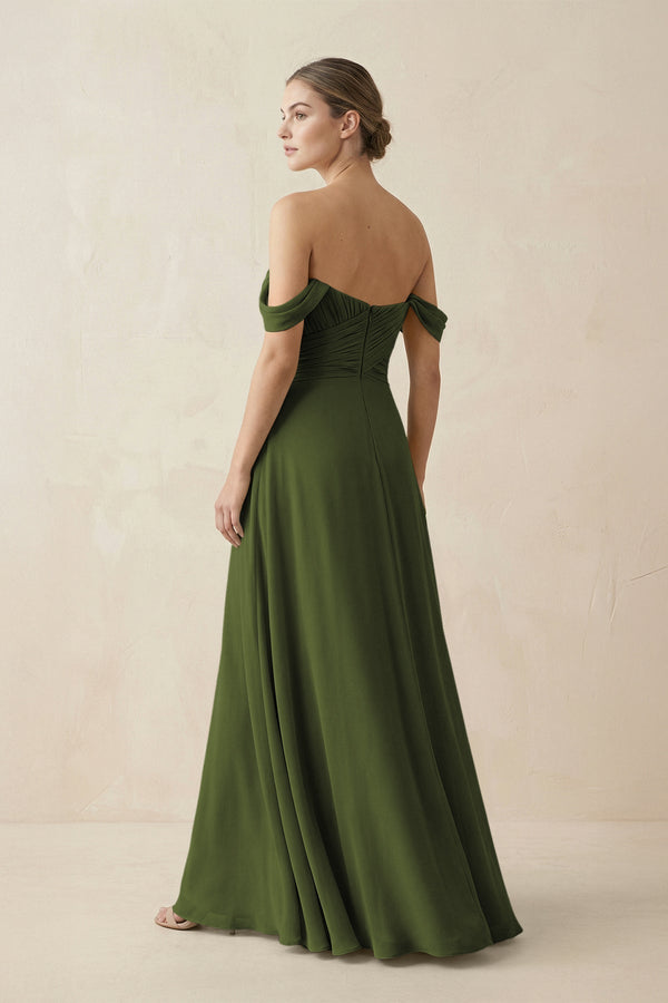 A-Line Off-the-Shoulder Chiffon Bridesmaid Dress in Olive - KissProm BRIDESMAID DRESSES