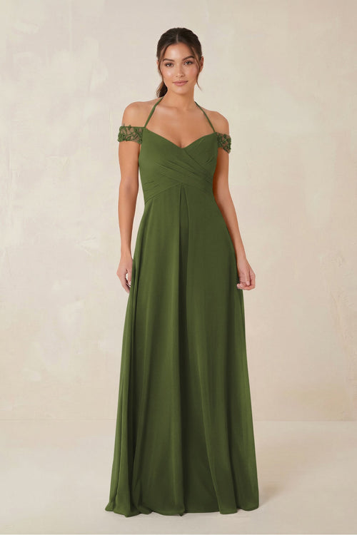 A-Line Off-the-Shoulder Chiffon Bridesmaid Dress in Olive - KissProm BRIDESMAID DRESSES