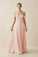 A-Line Off-the-Shoulder Chiffon Bridesmaid Dress in Pale Blush - KissProm BRIDESMAID DRESSES