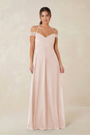 A-Line Off-the-Shoulder Chiffon Bridesmaid Dress in Pale Blush - KissProm BRIDESMAID DRESSES