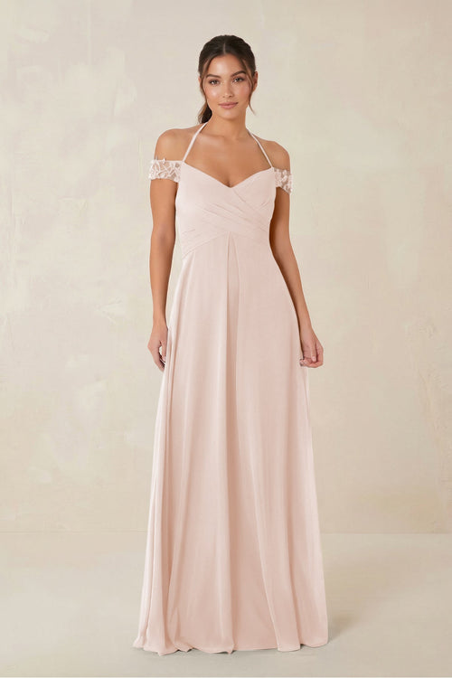 A-Line Off-the-Shoulder Chiffon Bridesmaid Dress in Pale Blush - KissProm BRIDESMAID DRESSES