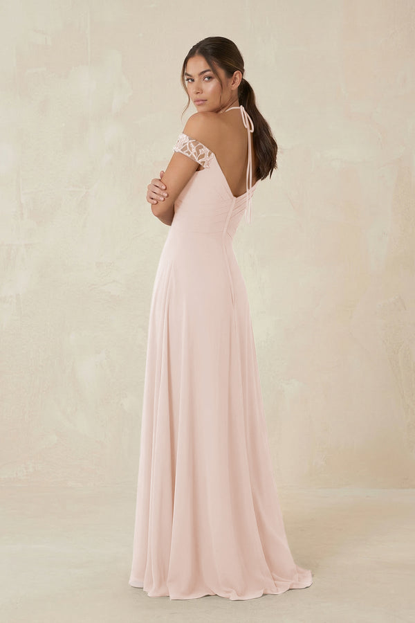 A-Line Off-the-Shoulder Chiffon Bridesmaid Dress in Pale Blush - KissProm BRIDESMAID DRESSES