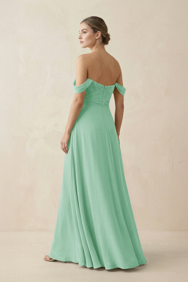 A-Line Off-the-Shoulder Chiffon Bridesmaid Dress in Pale Pistachio - KissProm BRIDESMAID DRESSES