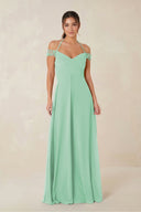 A-Line Off-the-Shoulder Chiffon Bridesmaid Dress in Pale Pistachio - KissProm BRIDESMAID DRESSES