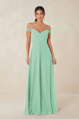 A-Line Off-the-Shoulder Chiffon Bridesmaid Dress in Pale Pistachio - KissProm BRIDESMAID DRESSES