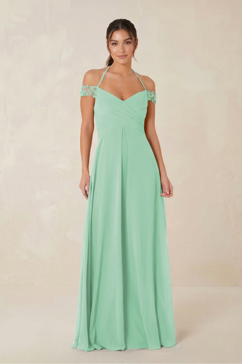 A-Line Off-the-Shoulder Chiffon Bridesmaid Dress in Pale Pistachio - KissProm BRIDESMAID DRESSES