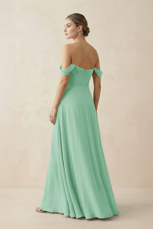 A-Line Off-the-Shoulder Chiffon Bridesmaid Dress in Pale Pistachio - KissProm BRIDESMAID DRESSES