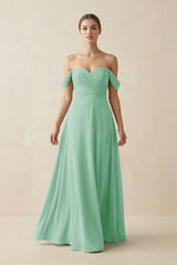 A-Line Off-the-Shoulder Chiffon Bridesmaid Dress in Pale Pistachio - KissProm BRIDESMAID DRESSES