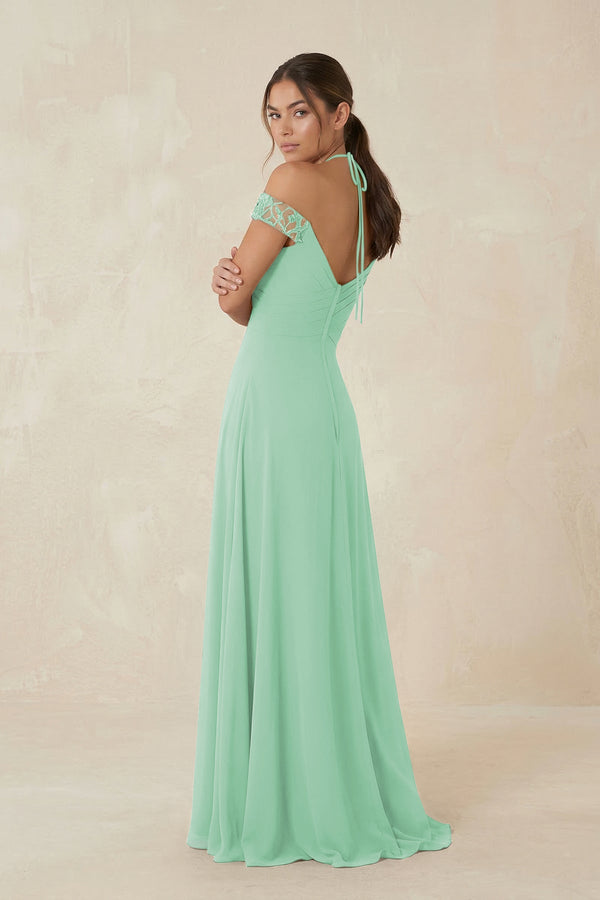 A-Line Off-the-Shoulder Chiffon Bridesmaid Dress in Pale Pistachio - KissProm BRIDESMAID DRESSES