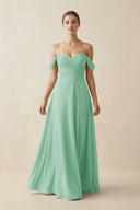 A-Line Off-the-Shoulder Chiffon Bridesmaid Dress in Pale Pistachio - KissProm BRIDESMAID DRESSES