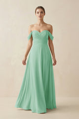 A-Line Off-the-Shoulder Chiffon Bridesmaid Dress in Pale Pistachio - KissProm BRIDESMAID DRESSES