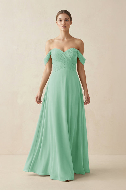 A-Line Off-the-Shoulder Chiffon Bridesmaid Dress in Pale Pistachio - KissProm BRIDESMAID DRESSES