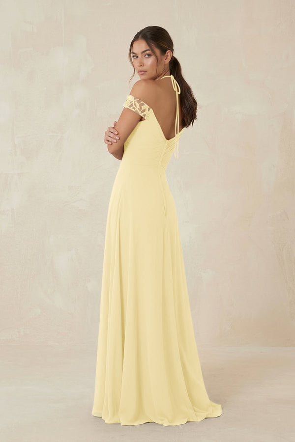 A-Line Off-the-Shoulder Chiffon Bridesmaid Dress in Pastel Yellow - KissProm BRIDESMAID DRESSES