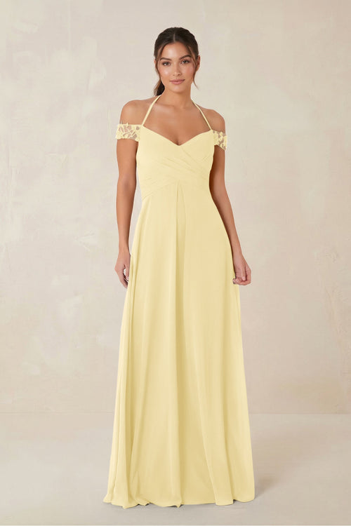 A-Line Off-the-Shoulder Chiffon Bridesmaid Dress in Pastel Yellow - KissProm BRIDESMAID DRESSES