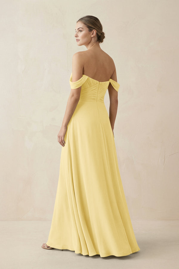 A-Line Off-the-Shoulder Chiffon Bridesmaid Dress in Pastel Yellow - KissProm BRIDESMAID DRESSES