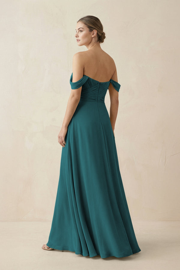 A-Line Off-the-Shoulder Chiffon Bridesmaid Dress in Pine - KissProm BRIDESMAID DRESSES